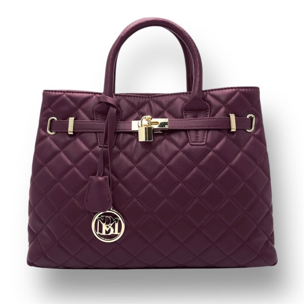 New Badgley Mischka Plum Big Diamond Quilted‎ Tote Bag Gold Lock Vegan Leather